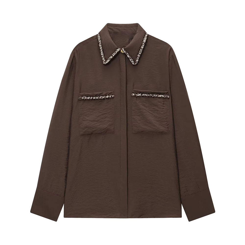 Women's loose patchwork lapel long sleeved shirt