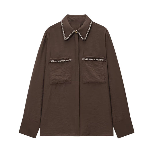 Women's loose patchwork lapel long sleeved shirt