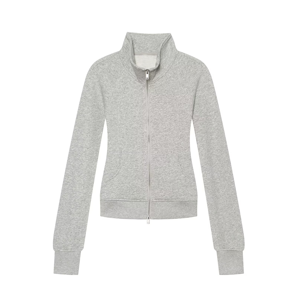 Women's slim stand collar double zipper Coat