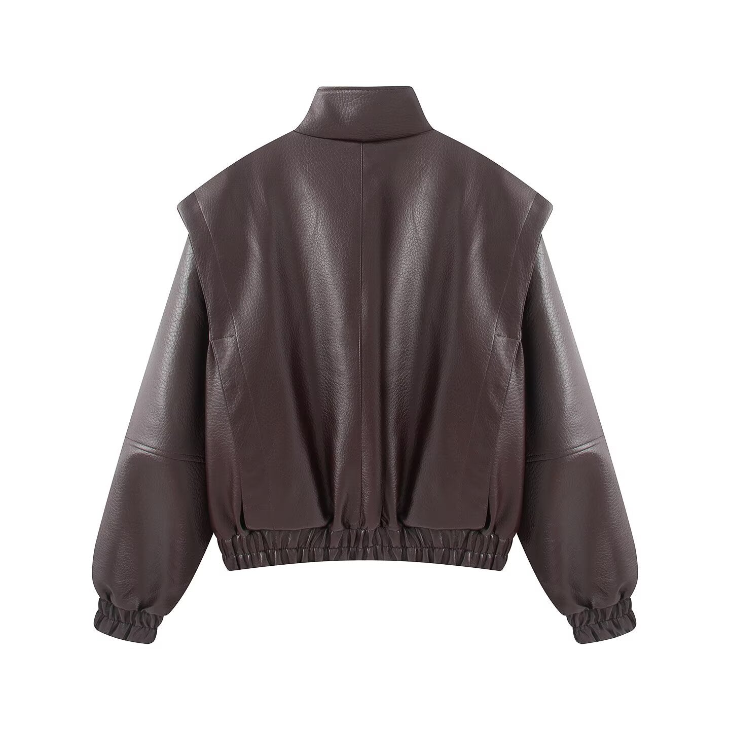 Women's stand collar fake two-piece Faux Leather jacket