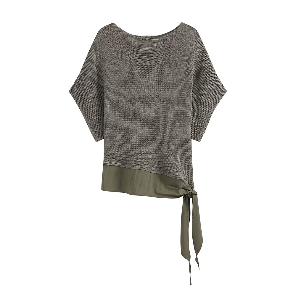 Women's knot decoration splicing knitted top