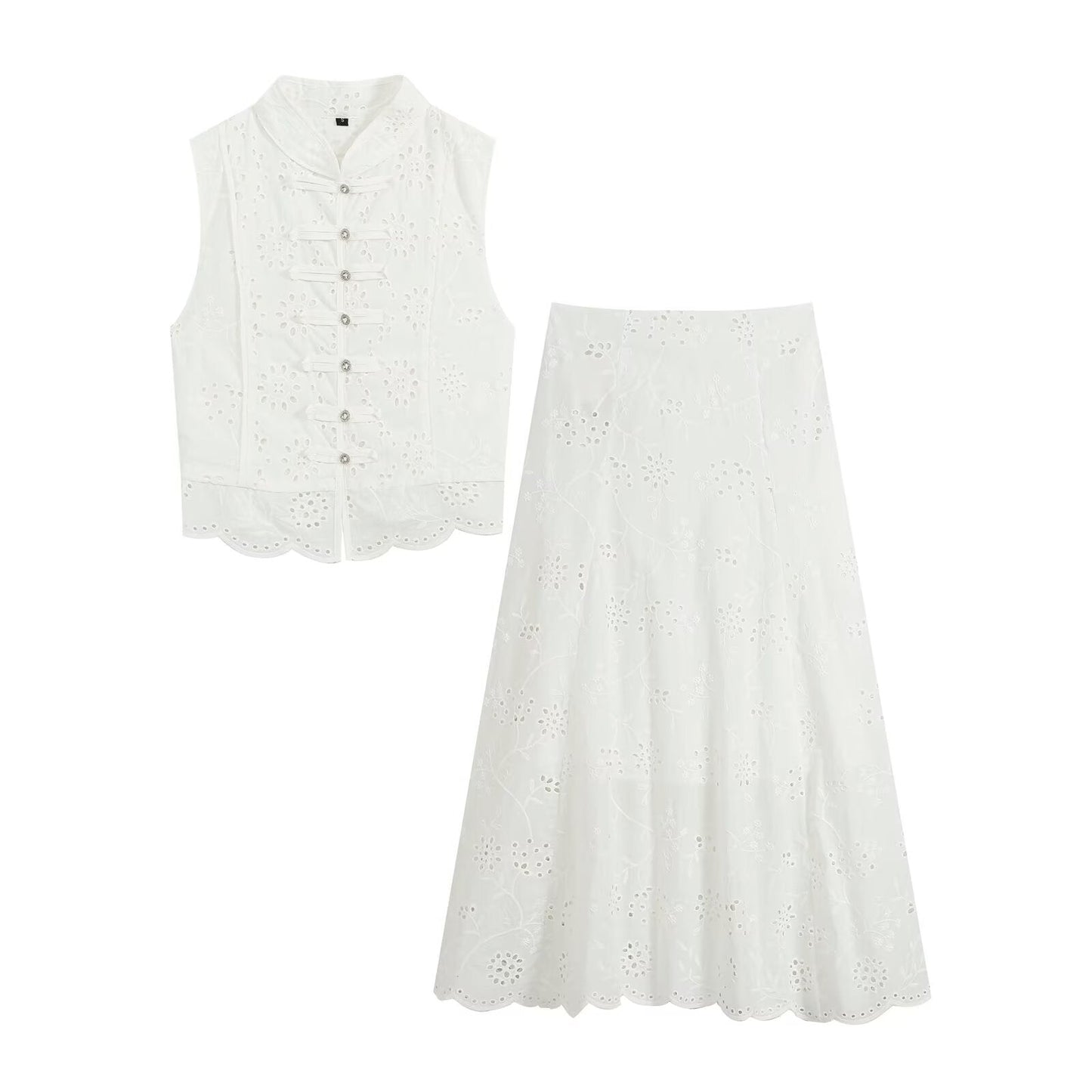suit Women's 2 pieces artificial jewelry buckle hollow embroidery top+skirt