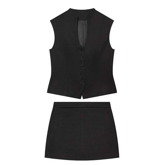 suit Women's 2 pieces button decoration slim black vest+culottes
