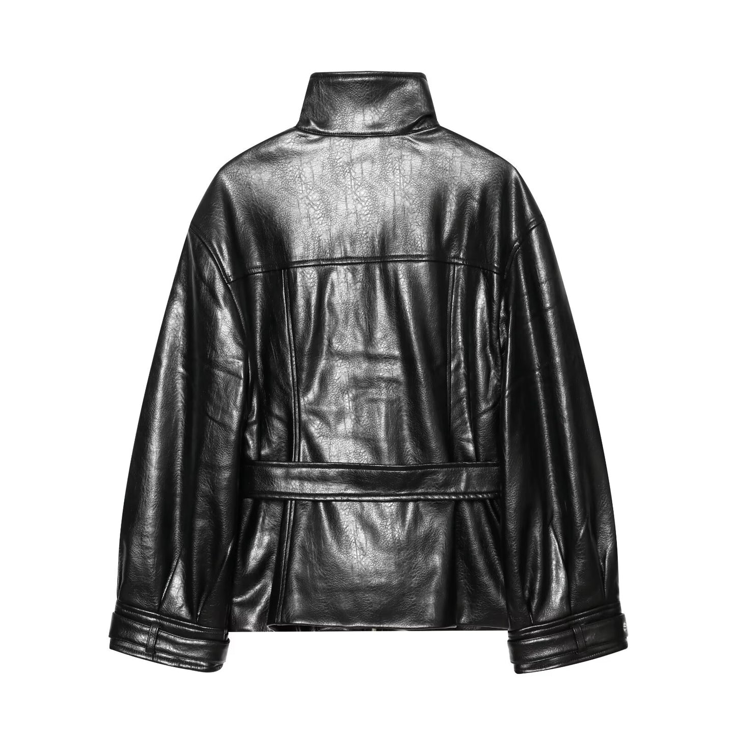Women's with belt faux leather stand collar Coat