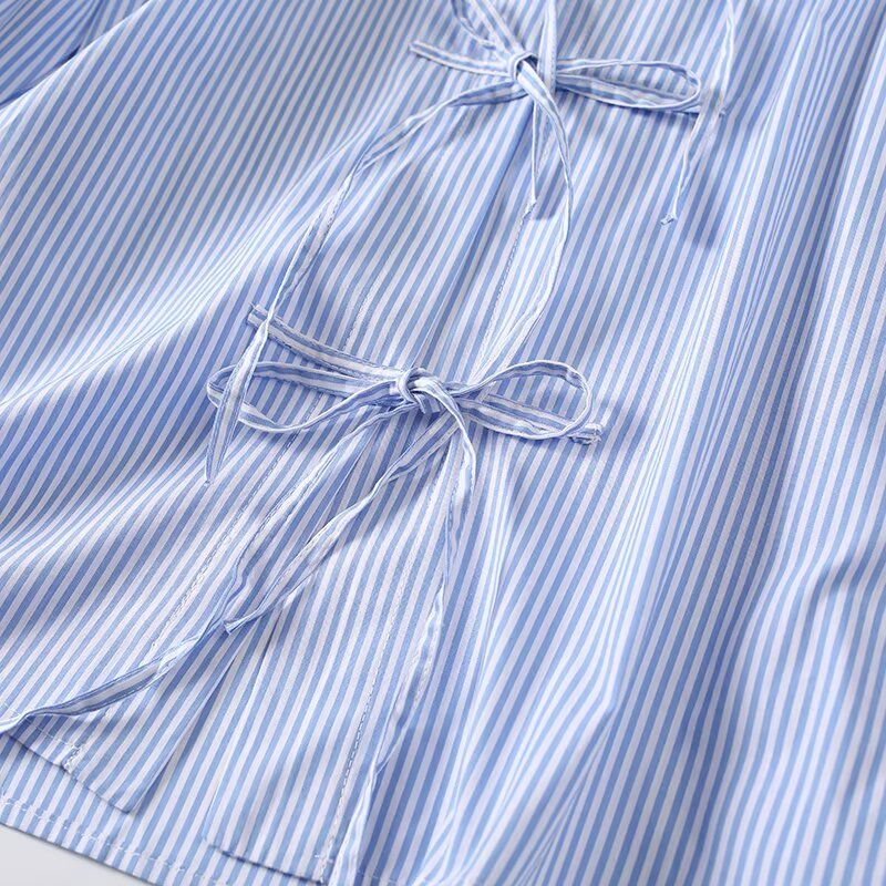 Women's loose cotton striped lace up shirt