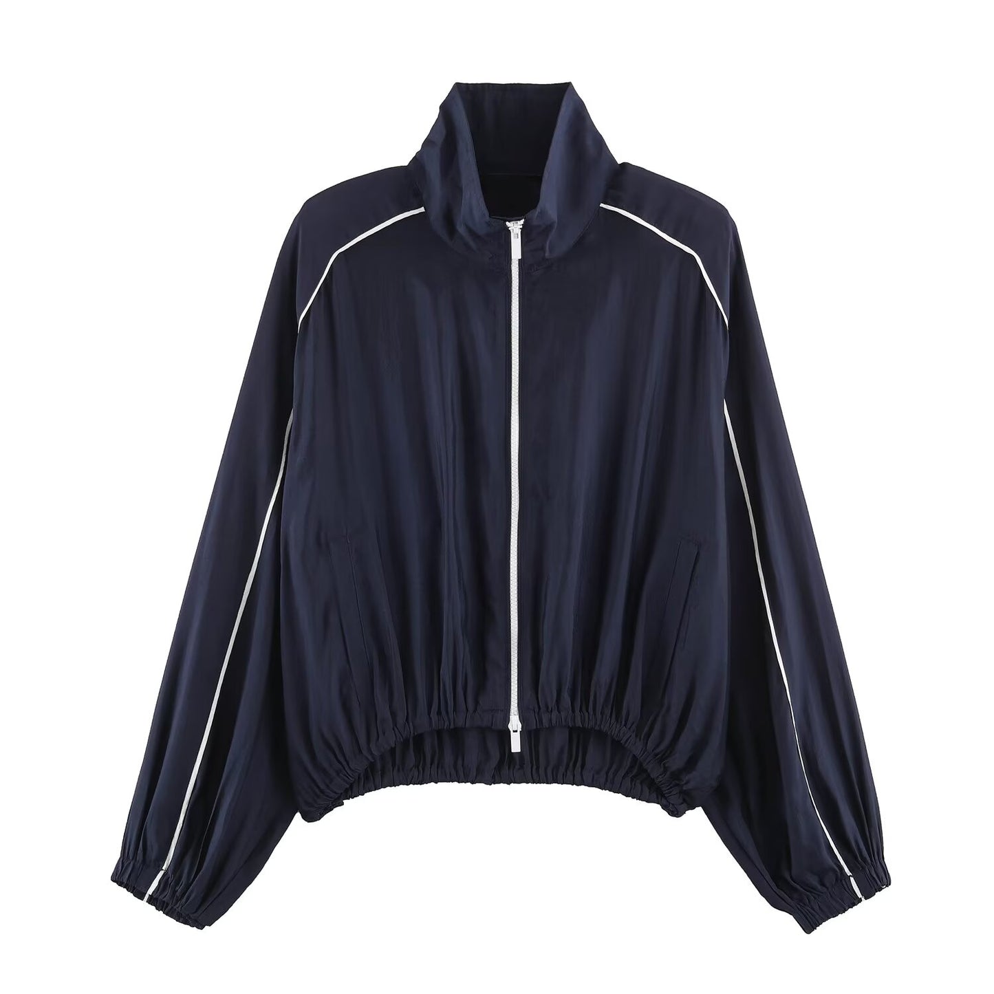 Women's stand collar contrasting striped loose Coat