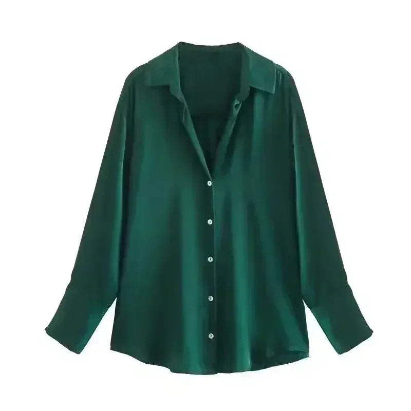 Women 2026 New Fashion Flowy Satin Loose Shirts Blouses Vintage Long Sleeve Button-up Female Shirts Chic Tops