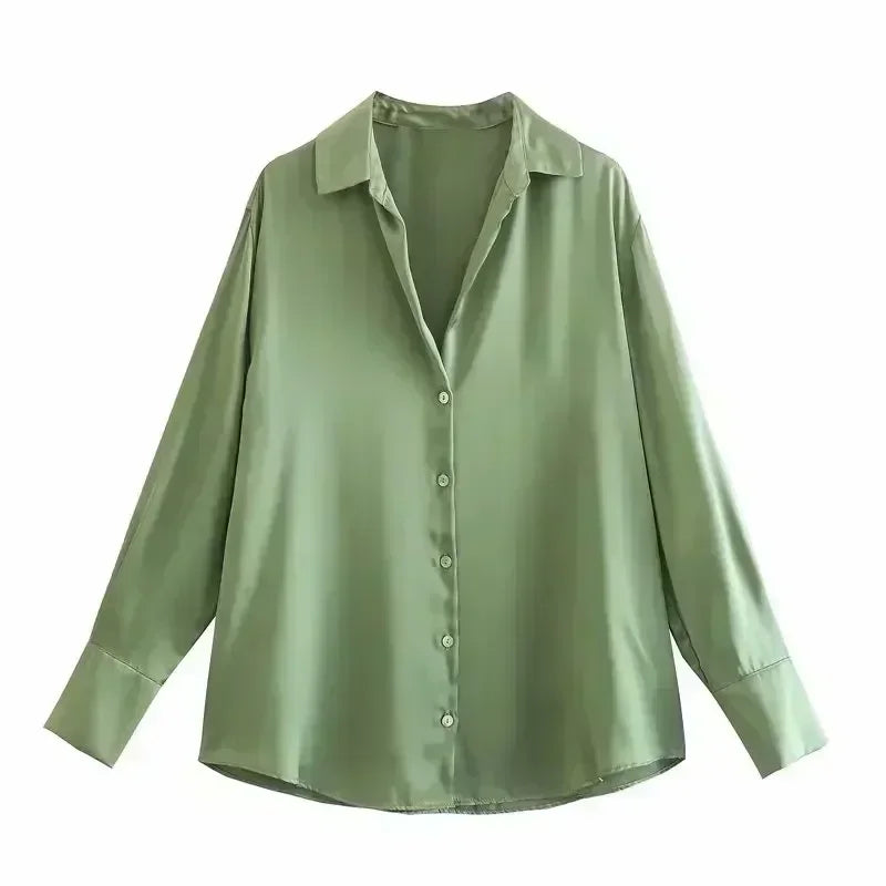 Women 2026 New Fashion Flowy Satin Loose Shirts Blouses Vintage Long Sleeve Button-up Female Shirts Chic Tops