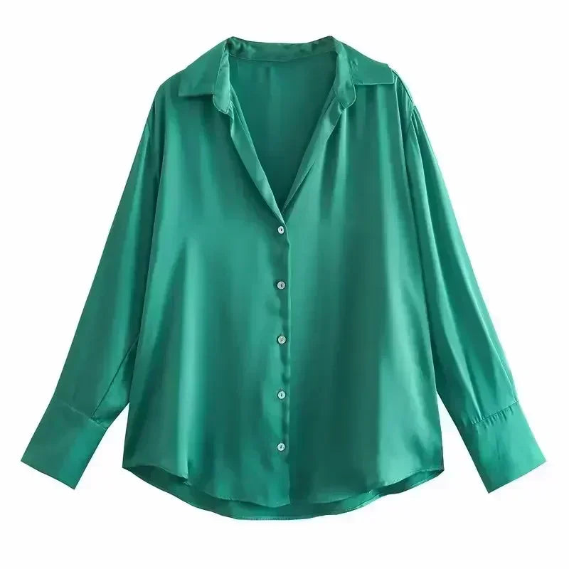 Women 2026 New Fashion Flowy Satin Loose Shirts Blouses Vintage Long Sleeve Button-up Female Shirts Chic Tops