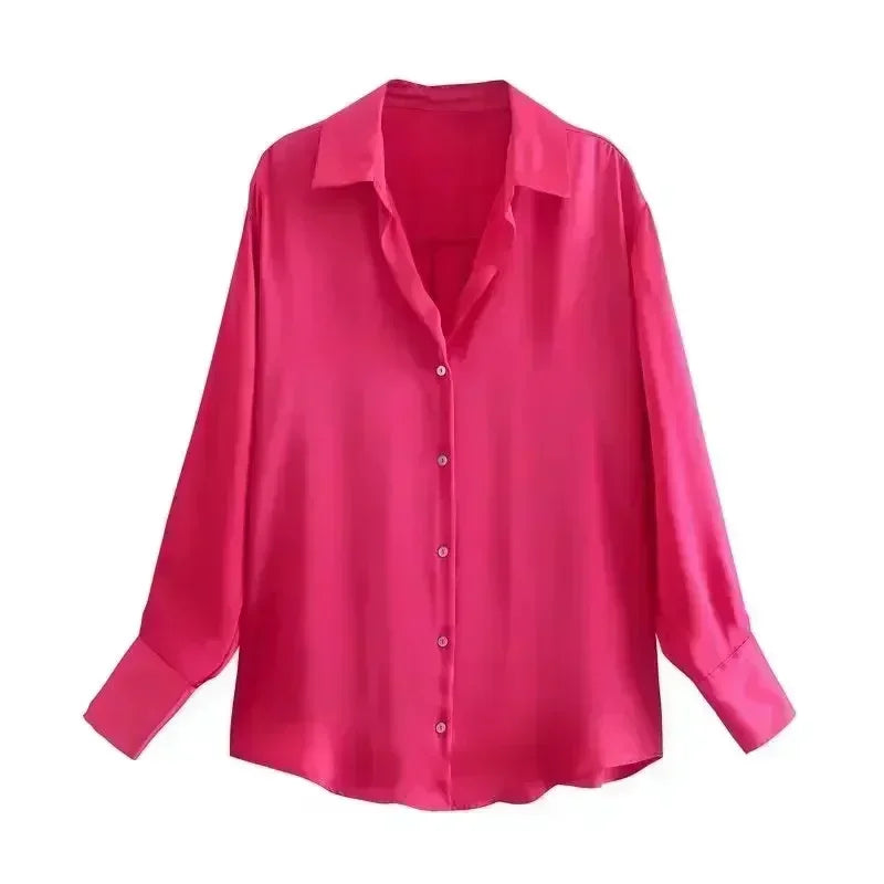 Women 2026 New Fashion Flowy Satin Loose Shirts Blouses Vintage Long Sleeve Button-up Female Shirts Chic Tops