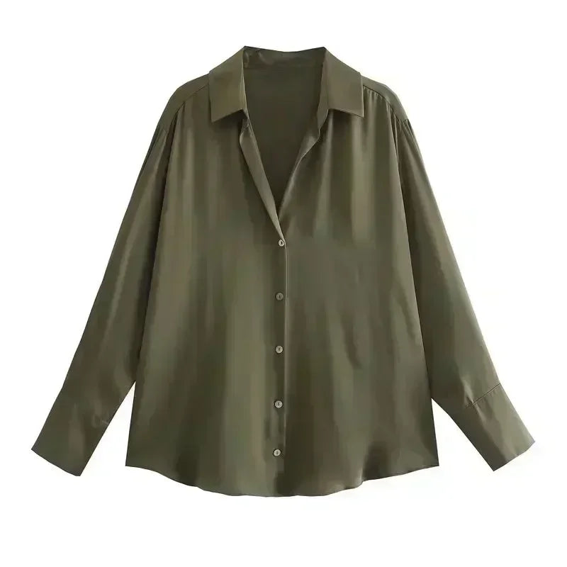 Women 2026 New Fashion Flowy Satin Loose Shirts Blouses Vintage Long Sleeve Button-up Female Shirts Chic Tops