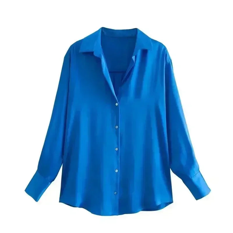 Women 2026 New Fashion Flowy Satin Loose Shirts Blouses Vintage Long Sleeve Button-up Female Shirts Chic Tops