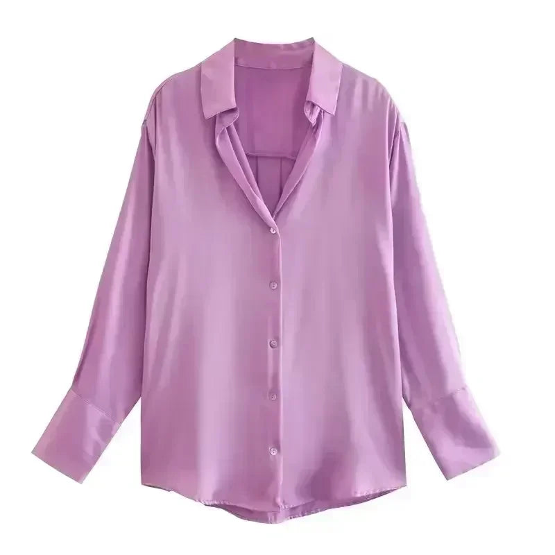 Women 2026 New Fashion Flowy Satin Loose Shirts Blouses Vintage Long Sleeve Button-up Female Shirts Chic Tops