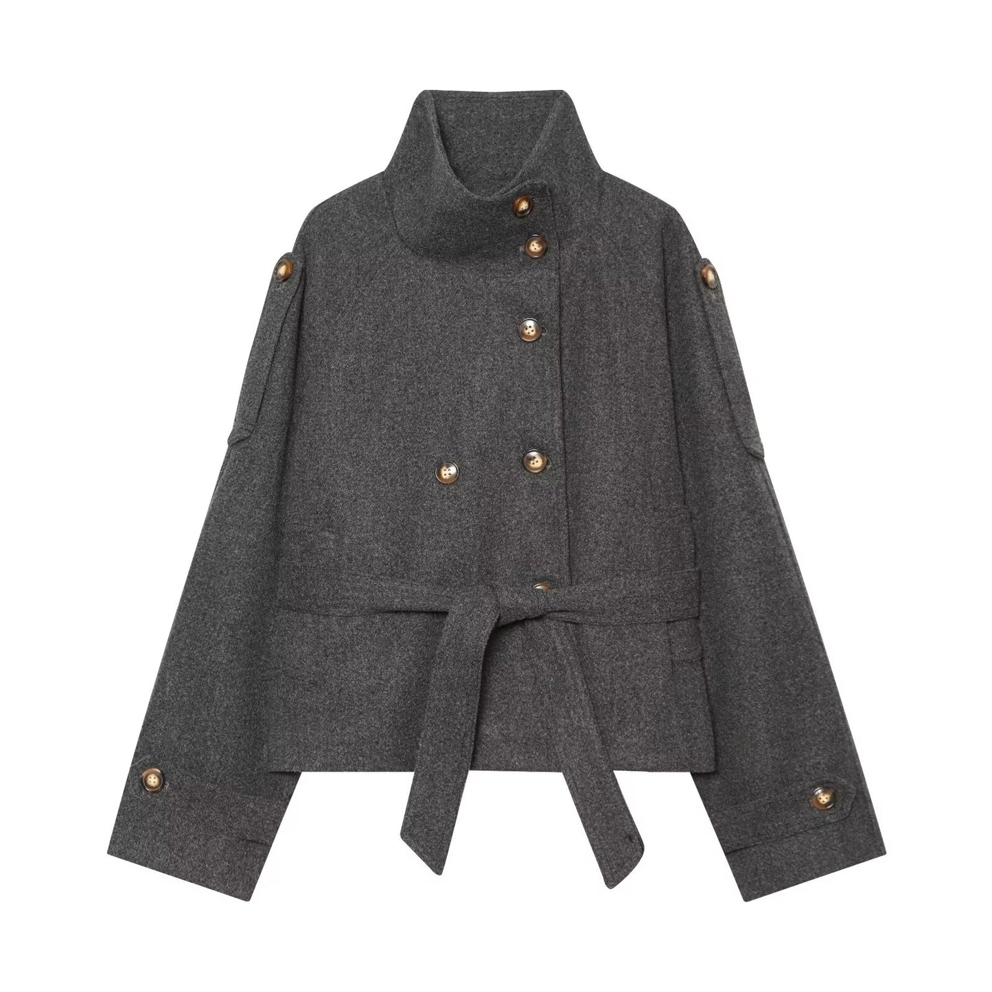 Women's with belt standing collar woolen coat