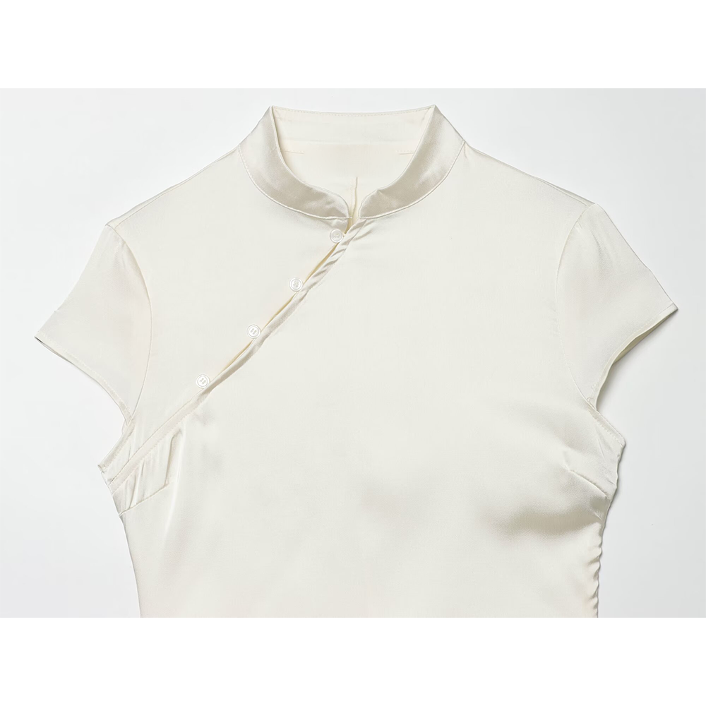 Women's satin textured short button top