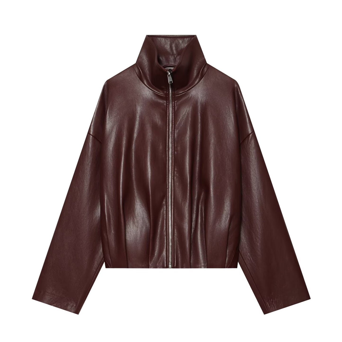 Women's casual versatile faux leather zipper Coat