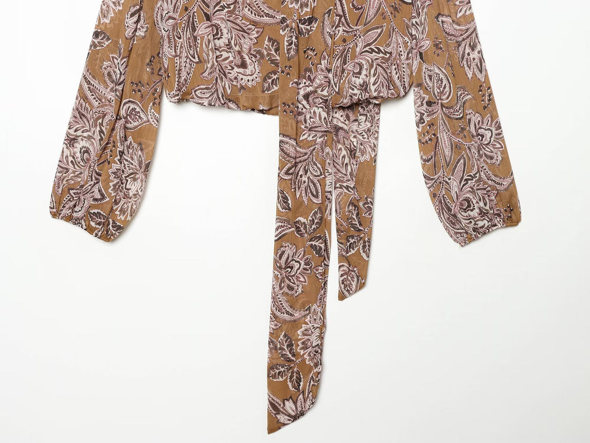 Women's ribbon decoration retro printed chiffon top