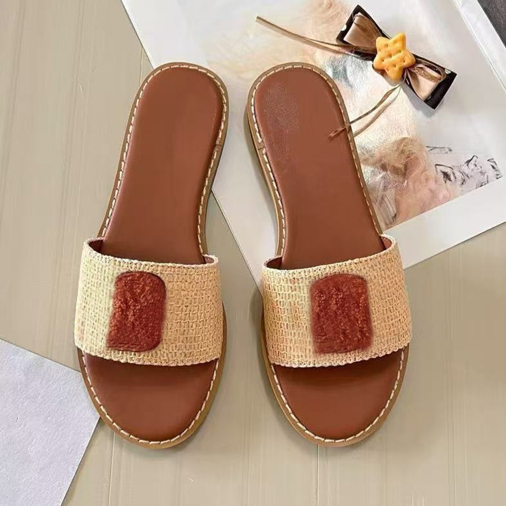 Women's new thin linen woven slippers have a shoe box