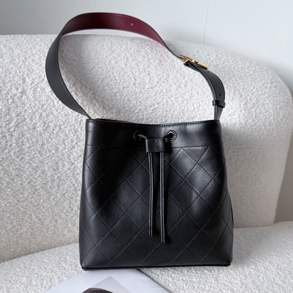 Women's new retro wide shoulder strap drawstring bucket bag