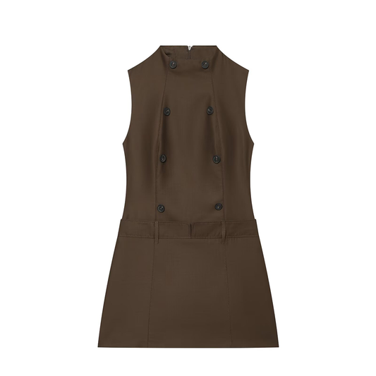 Women's button decoration slim stand collar dress