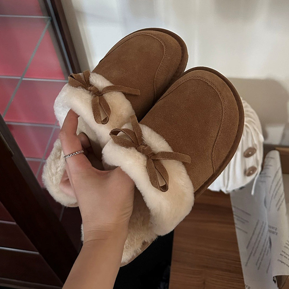 Women's new fur one warm bow decorative slippers