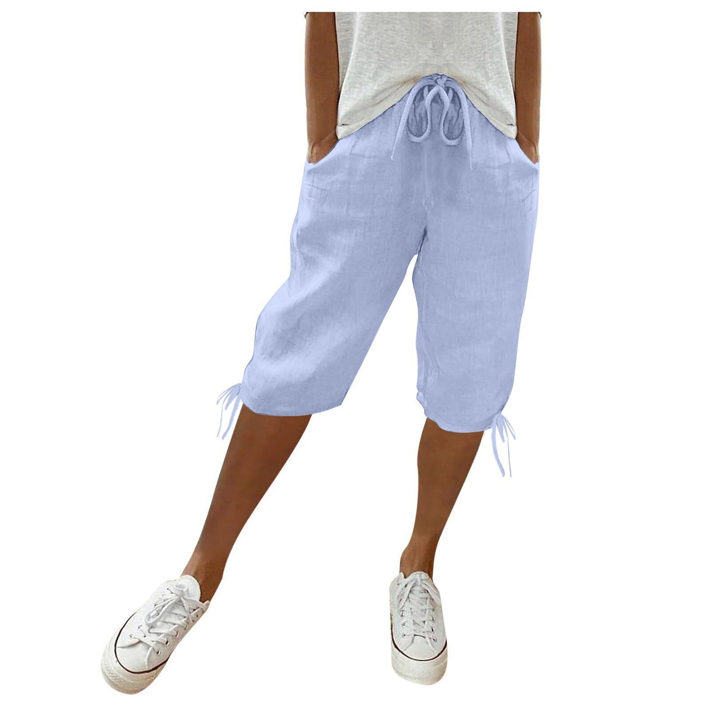 2026 women's new cotton and linen pocket elastic drawstring pants
