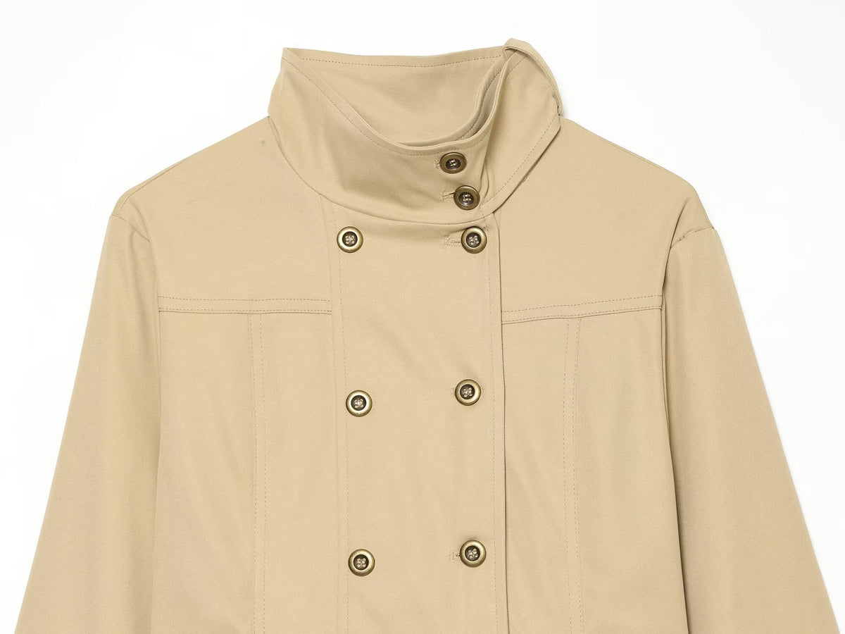 Women's pocket decoration double breasted stand collar Coat