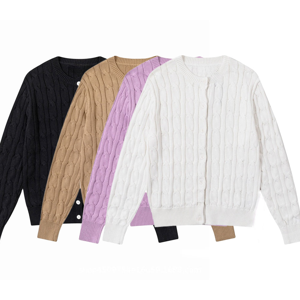 Women's new round neck solid color long sleeve knit cardigan