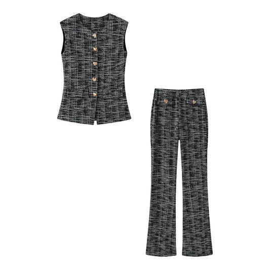 suit Women's 2 pieces button decoration texture vest style top+Flared pants