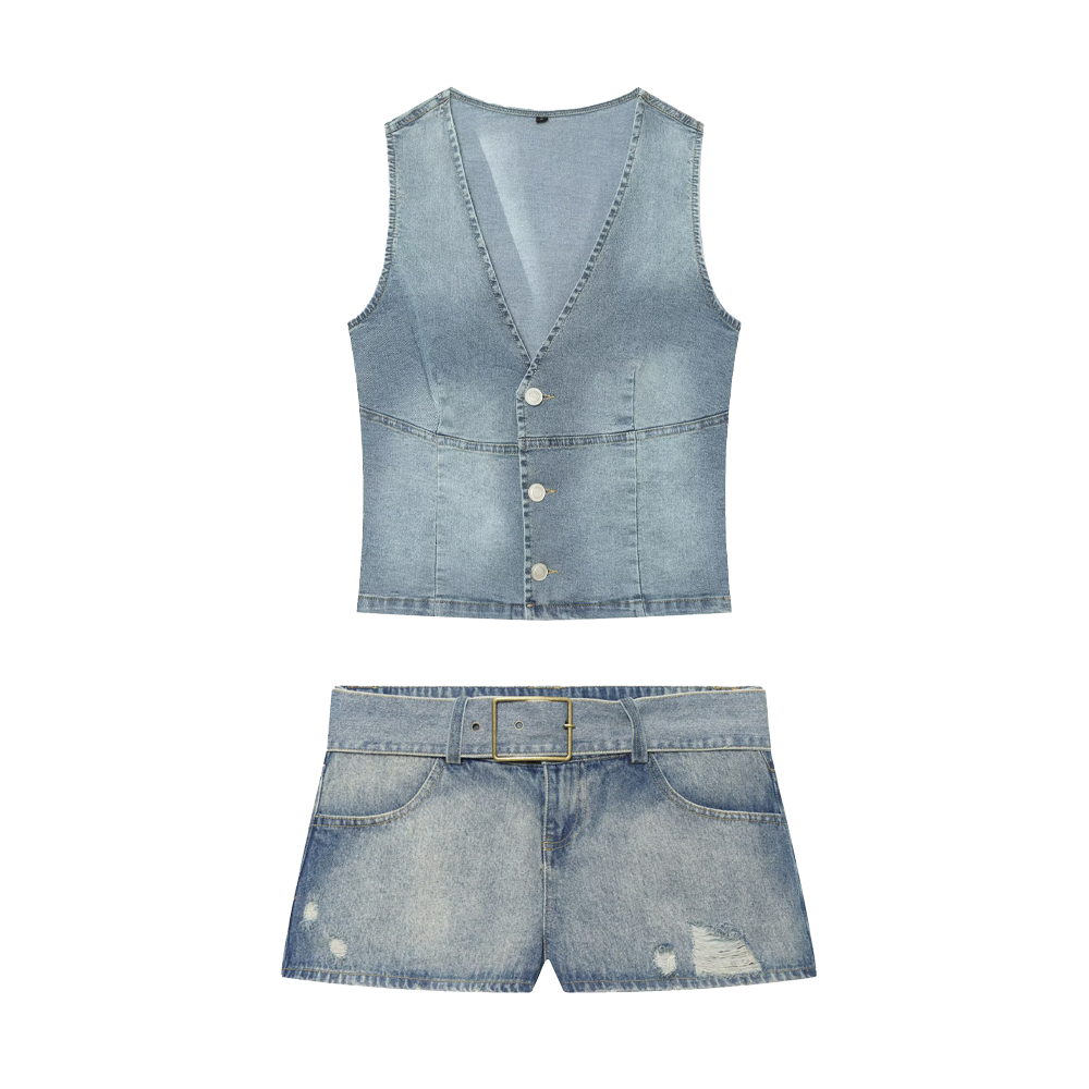 suit Women's 2 pieces slim denim vest style top+denim shorts