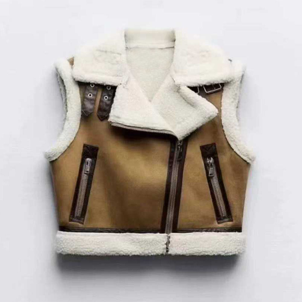 Women's new casual fur zipper short vest