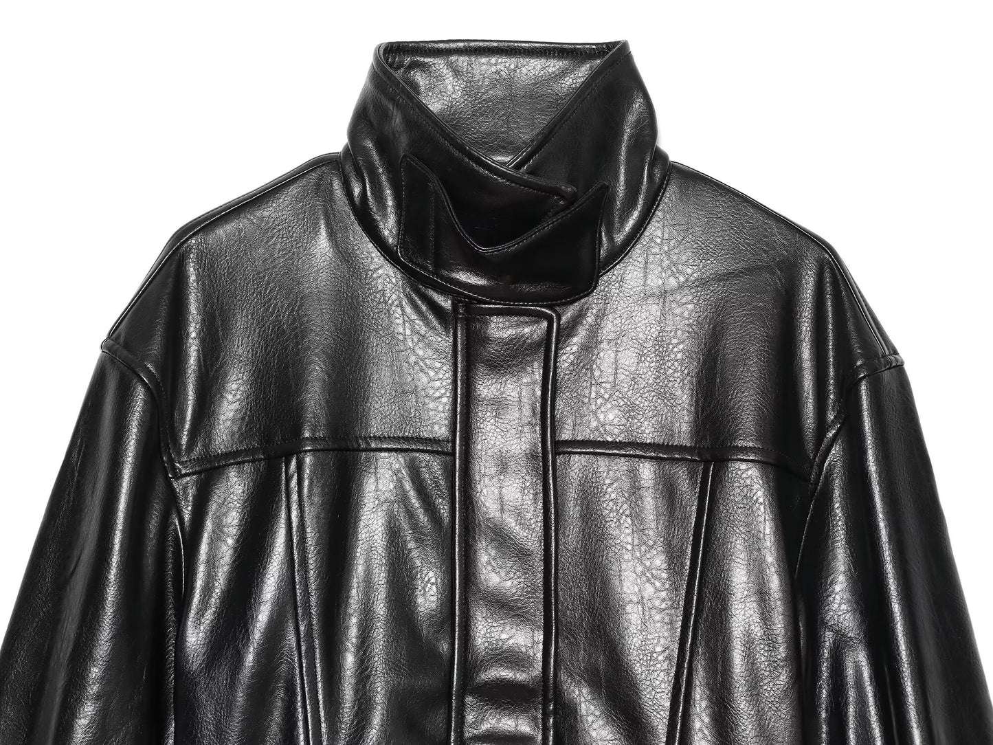 Women's with belt faux leather stand collar Coat