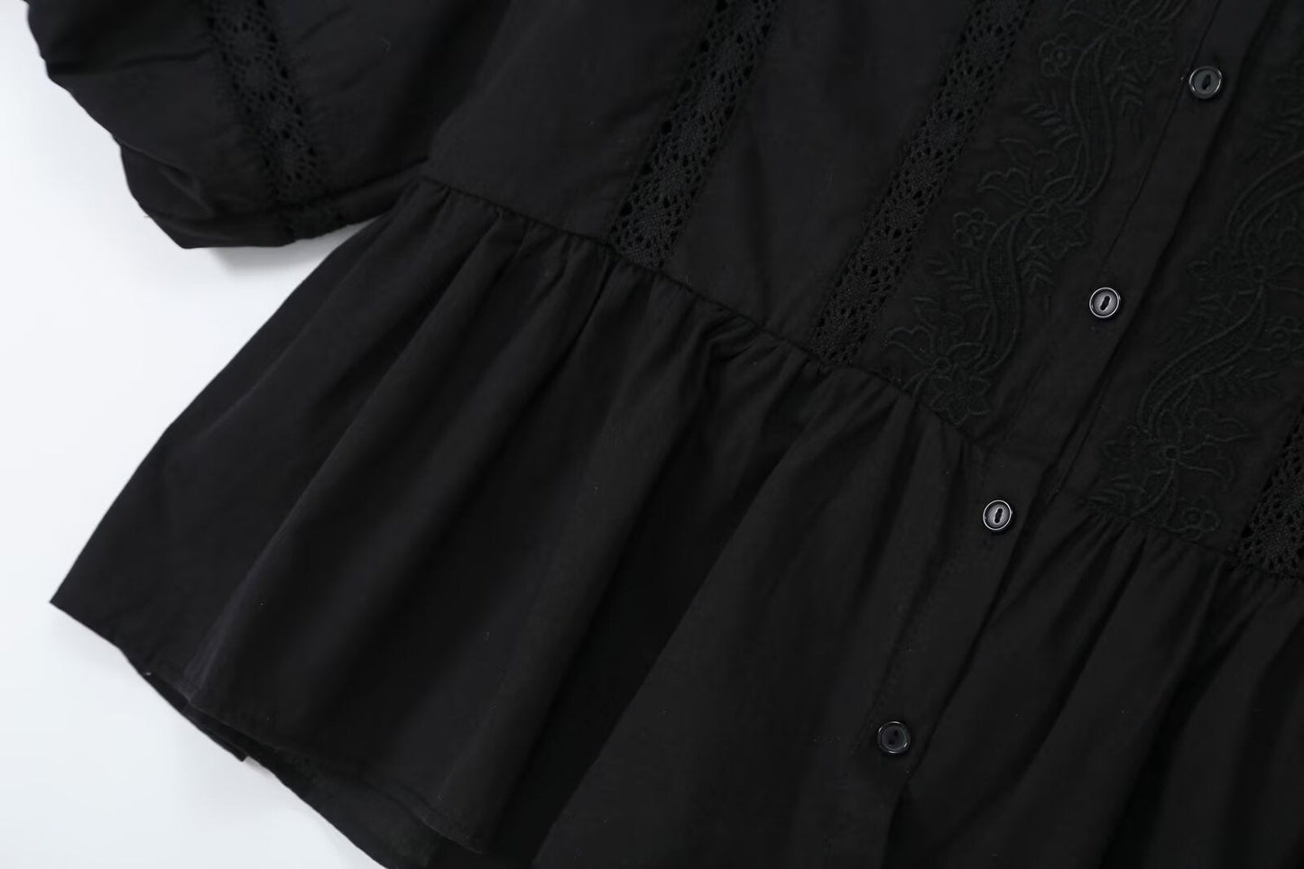 Women's hollowed out embroidered balloon sleeve shirt