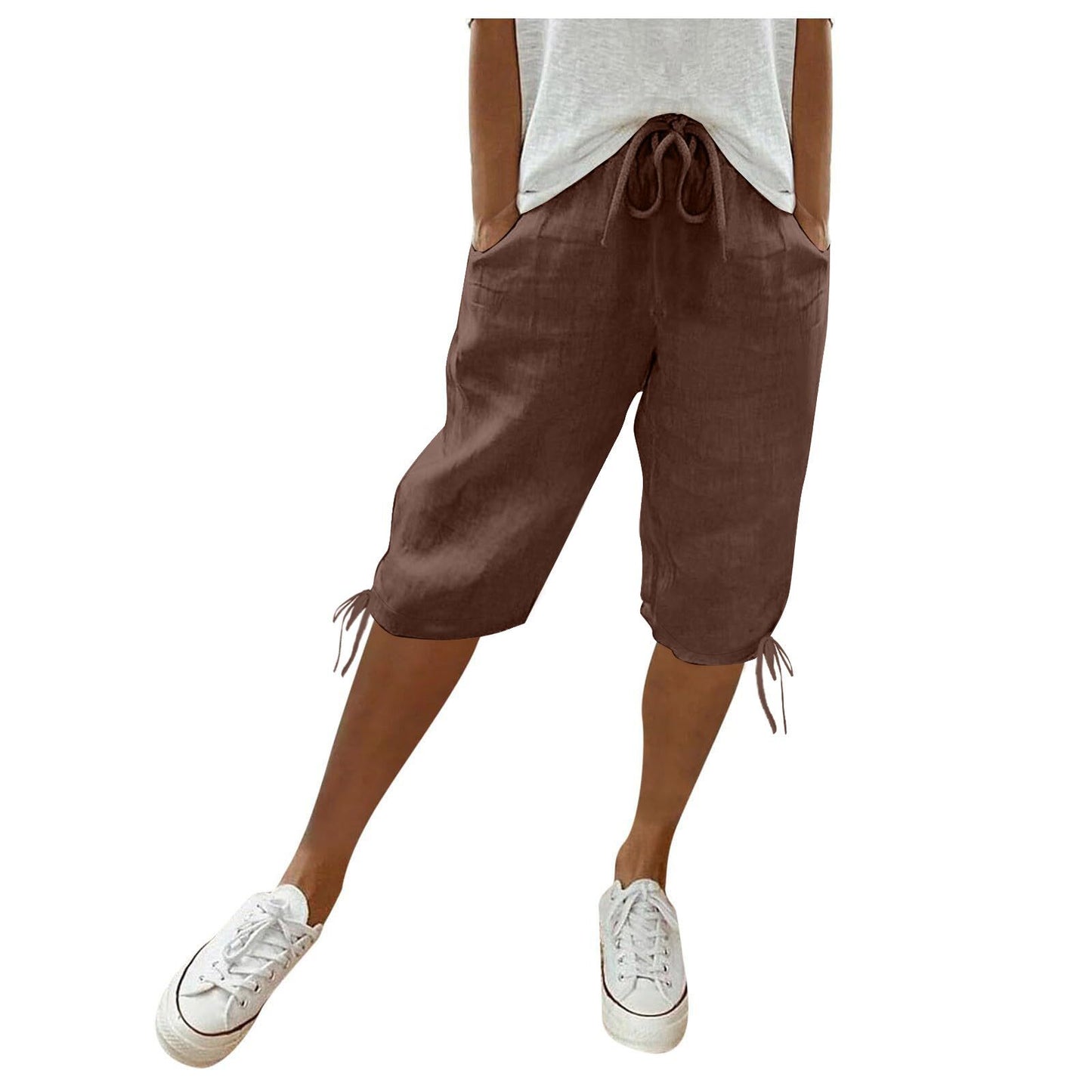 2026 women's new cotton and linen pocket elastic drawstring pants