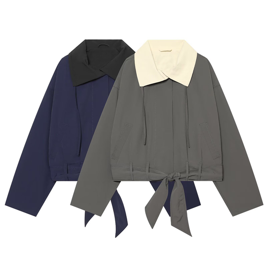 Women's knot decoration contrasting color lapel short Coat
