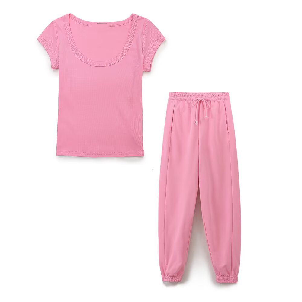 suit Women's 2 pieces slim O Neck ribbed T-shirt+Jogging pants