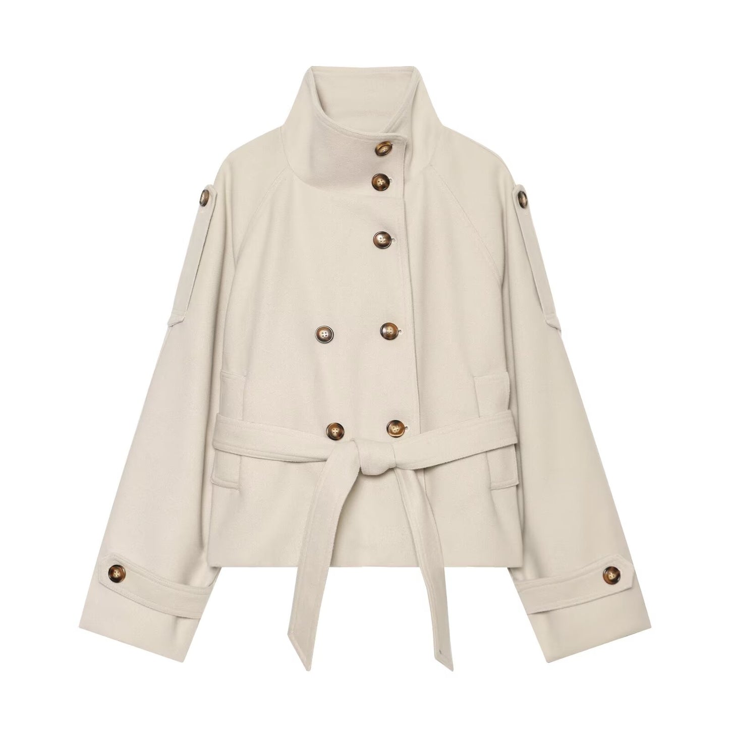 Women's with belt standing collar woolen coat
