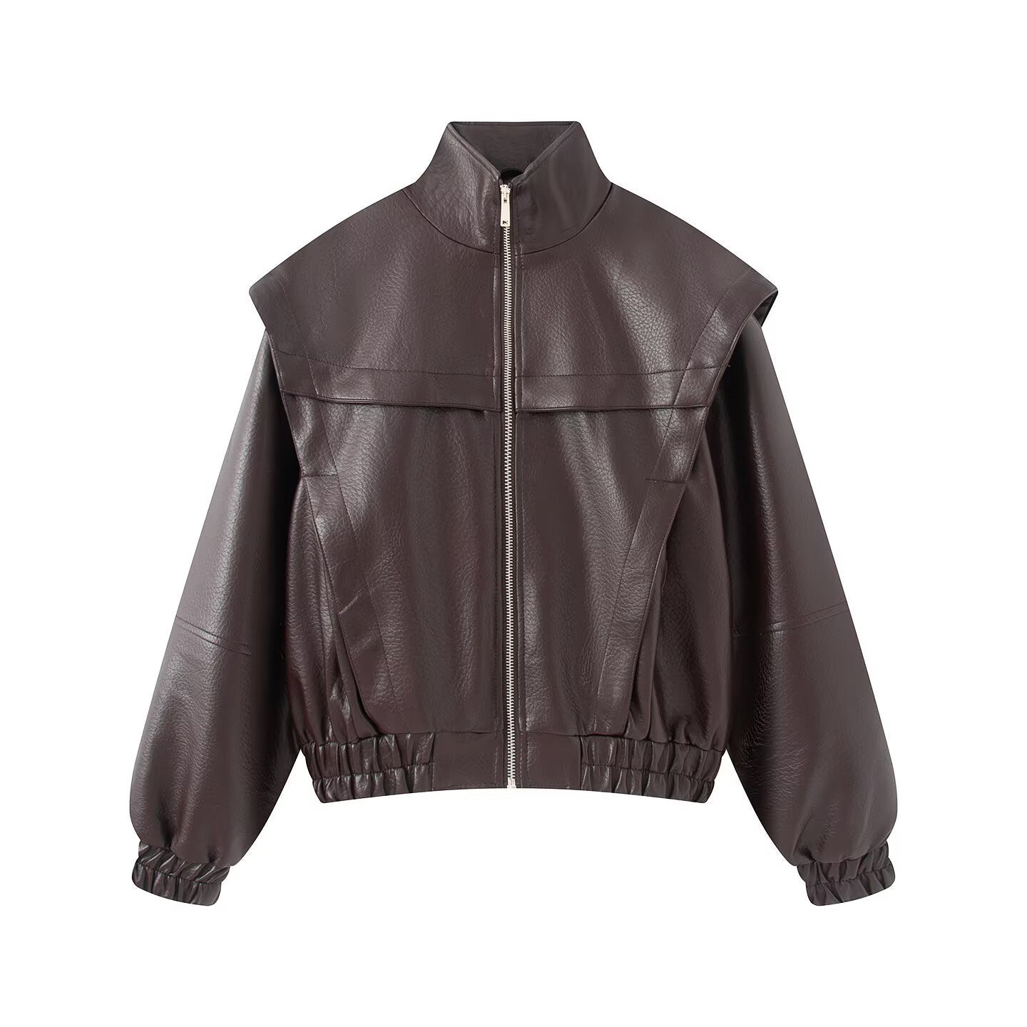 Women's stand collar fake two-piece Faux Leather jacket
