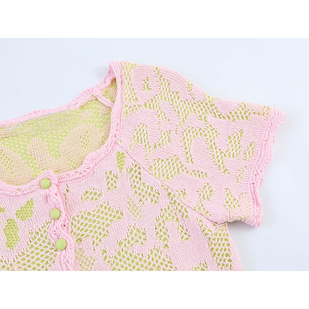 Women's O Neck jacquard short sleeved knitted Coat