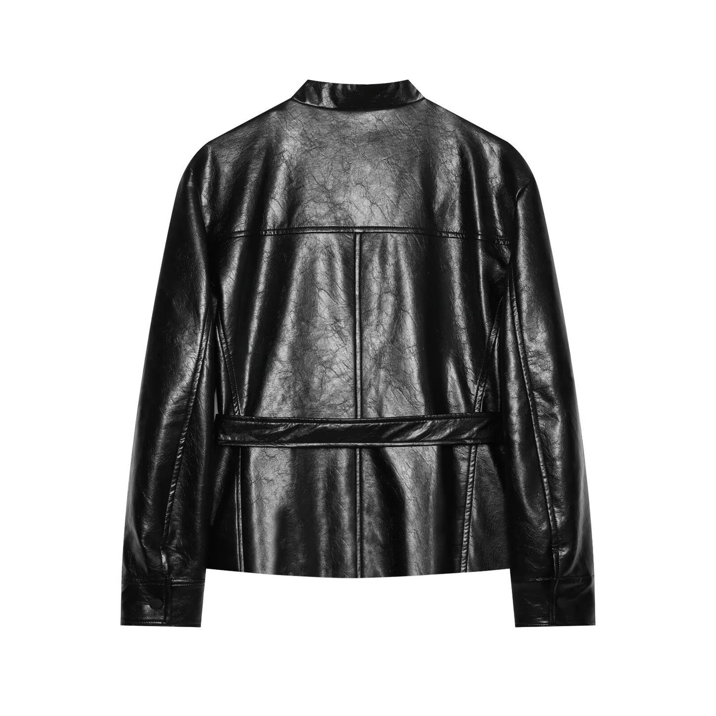 Women's with Belt Black Leather Effect Jacket