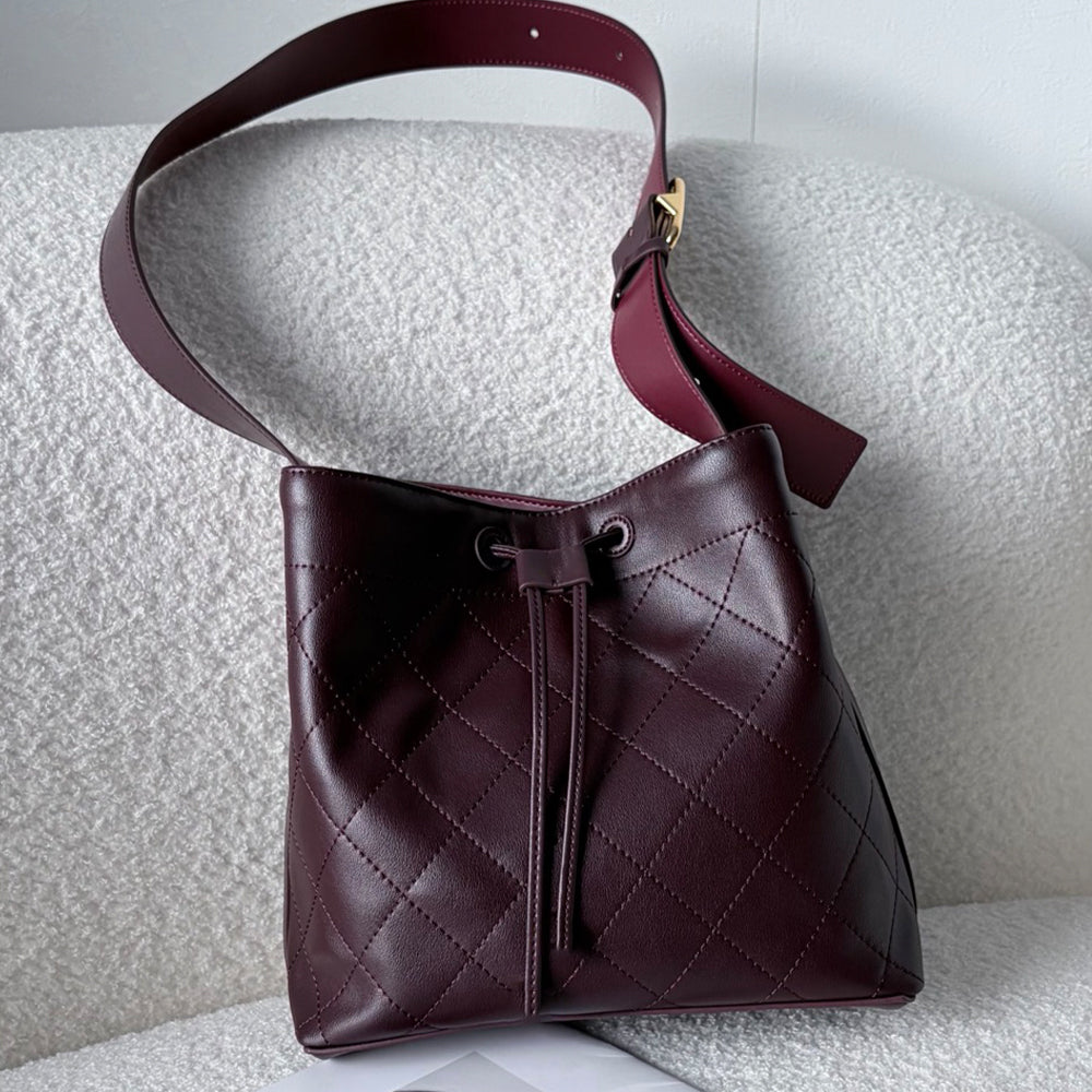 Women's new retro wide shoulder strap drawstring bucket bag