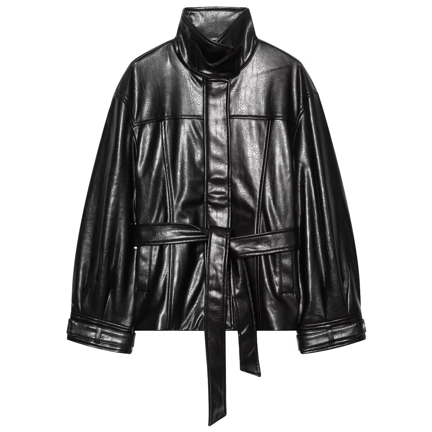 Women's with belt faux leather stand collar Coat