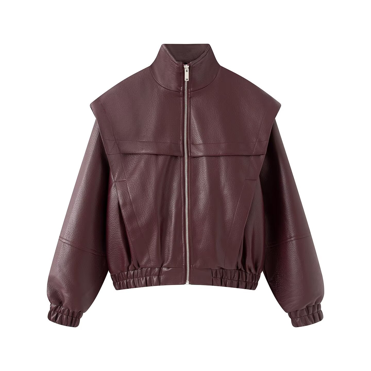 Women's stand collar fake two-piece Faux Leather jacket