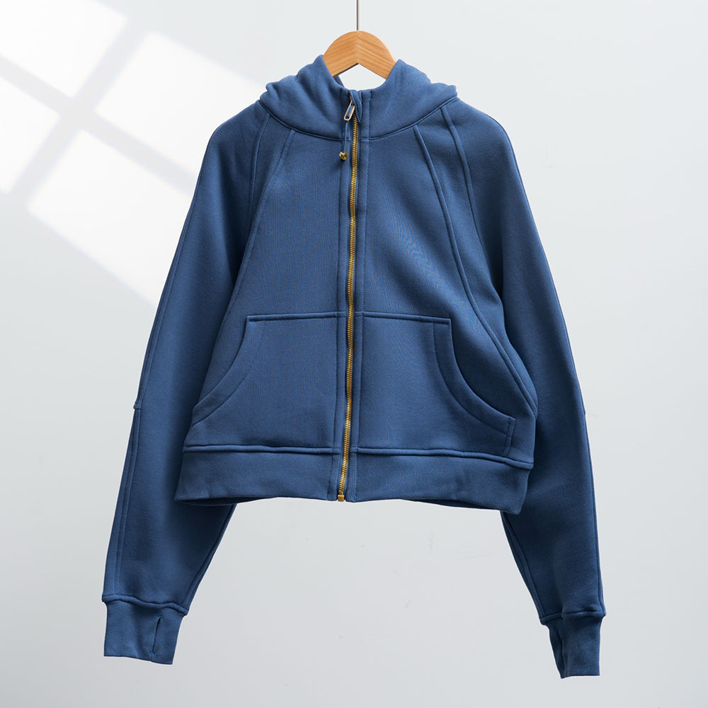 LU women's new zipper plus velvet loose short hooded coat