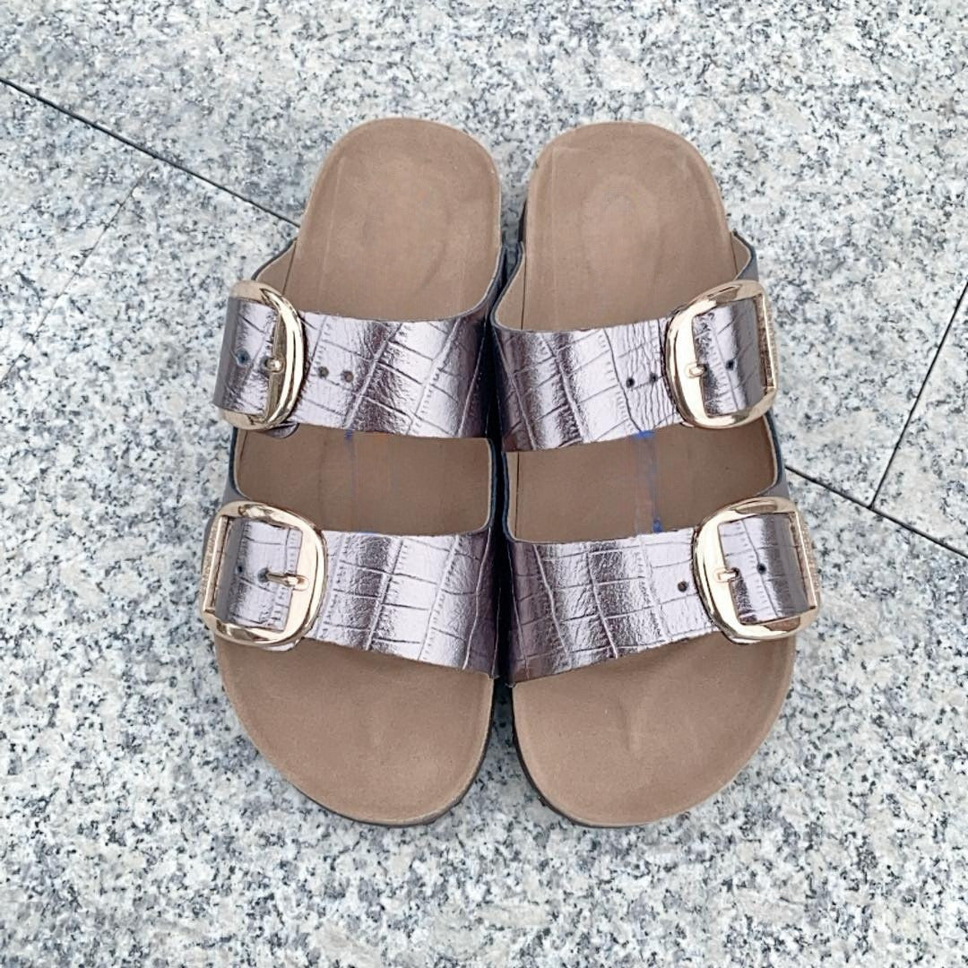 Women's New Fashion Joker Casual Double Buckle Design Thick Soled Slippers