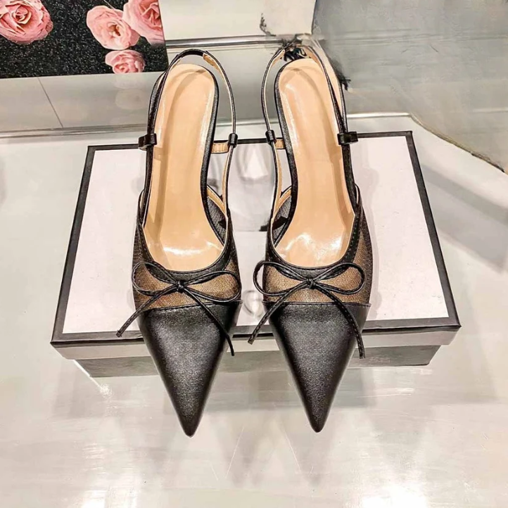 Women's New Fashion Joker Mesh Bow Pointed 6CM Stiletto Heels