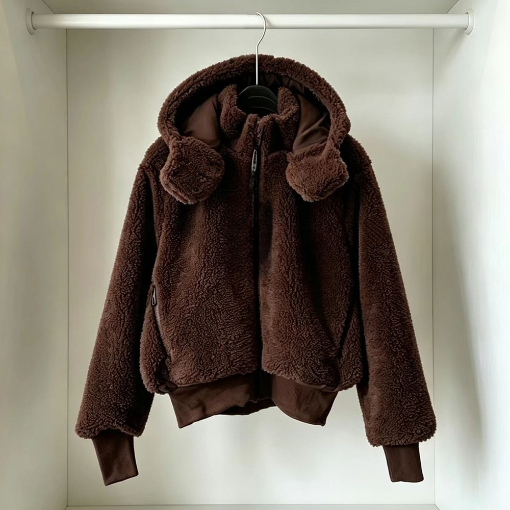 Women's new lambswool hooded short zipper coat