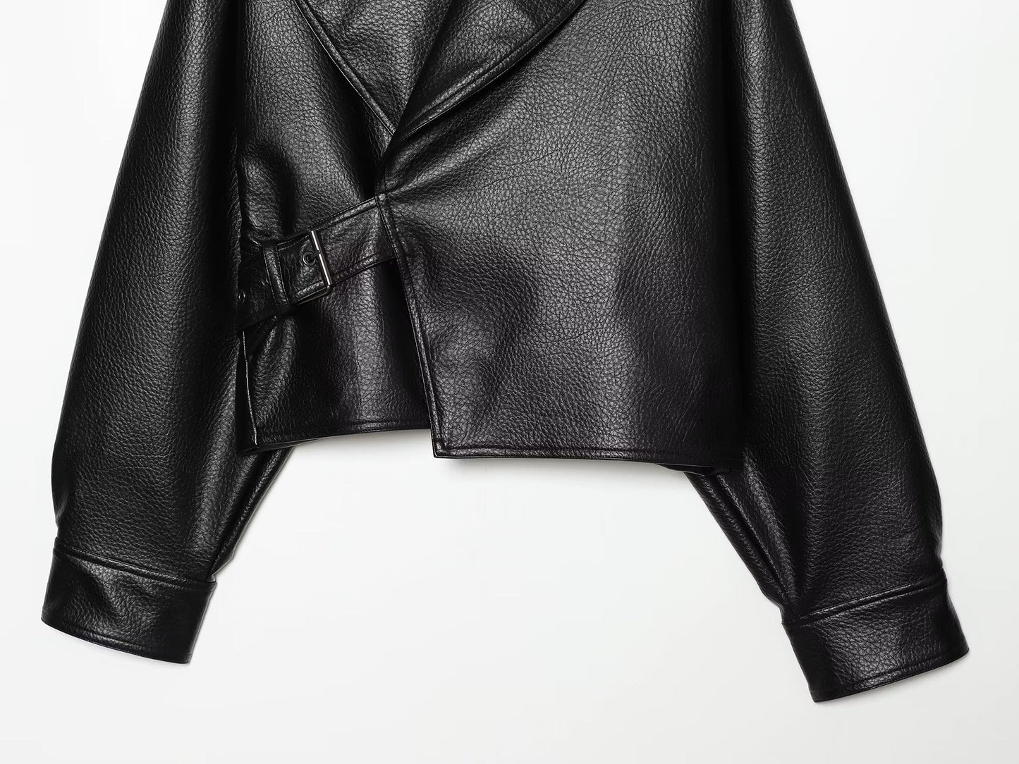 Women's metal buckle decorative lapel faux leather jacket