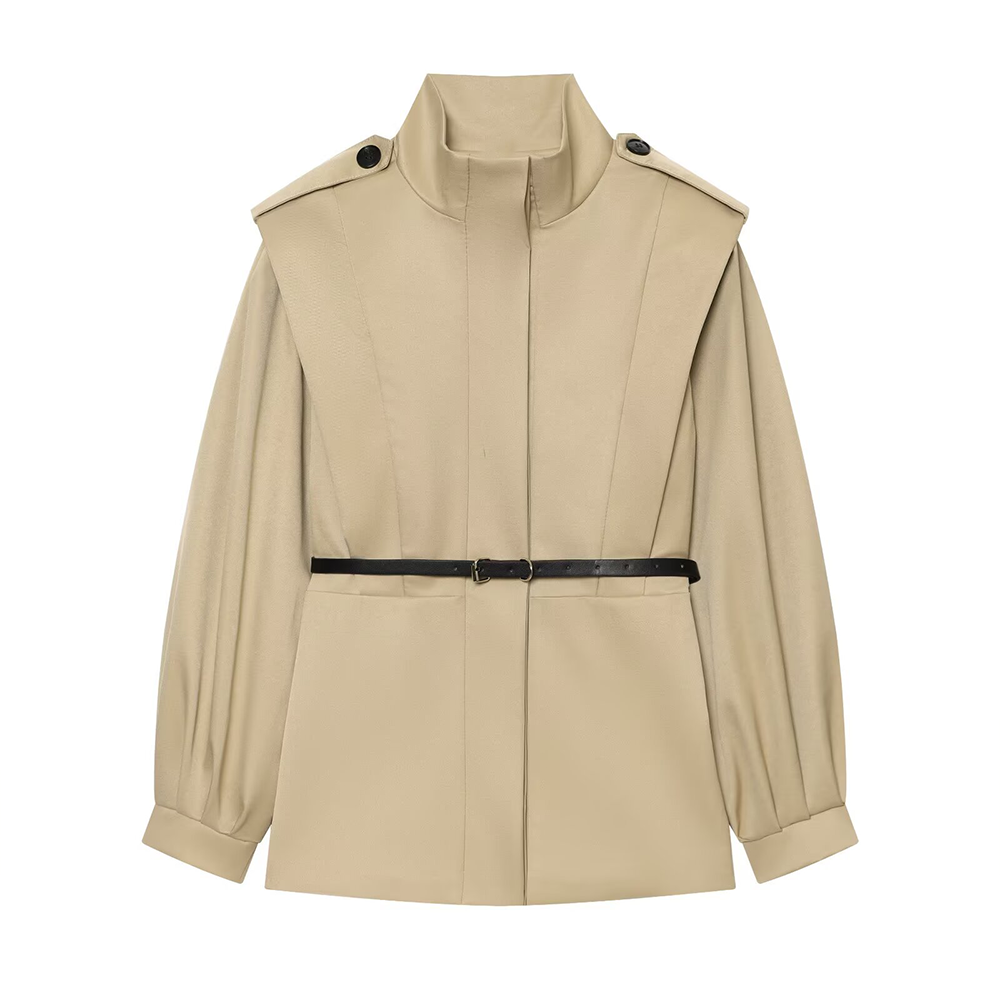 Women's With Belt slim stand collar windbreaker Coat